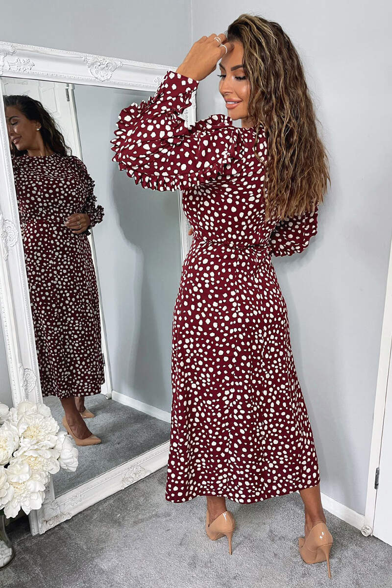 Plum Printed Pleated Sleeve Midi Dress - Swimclubus