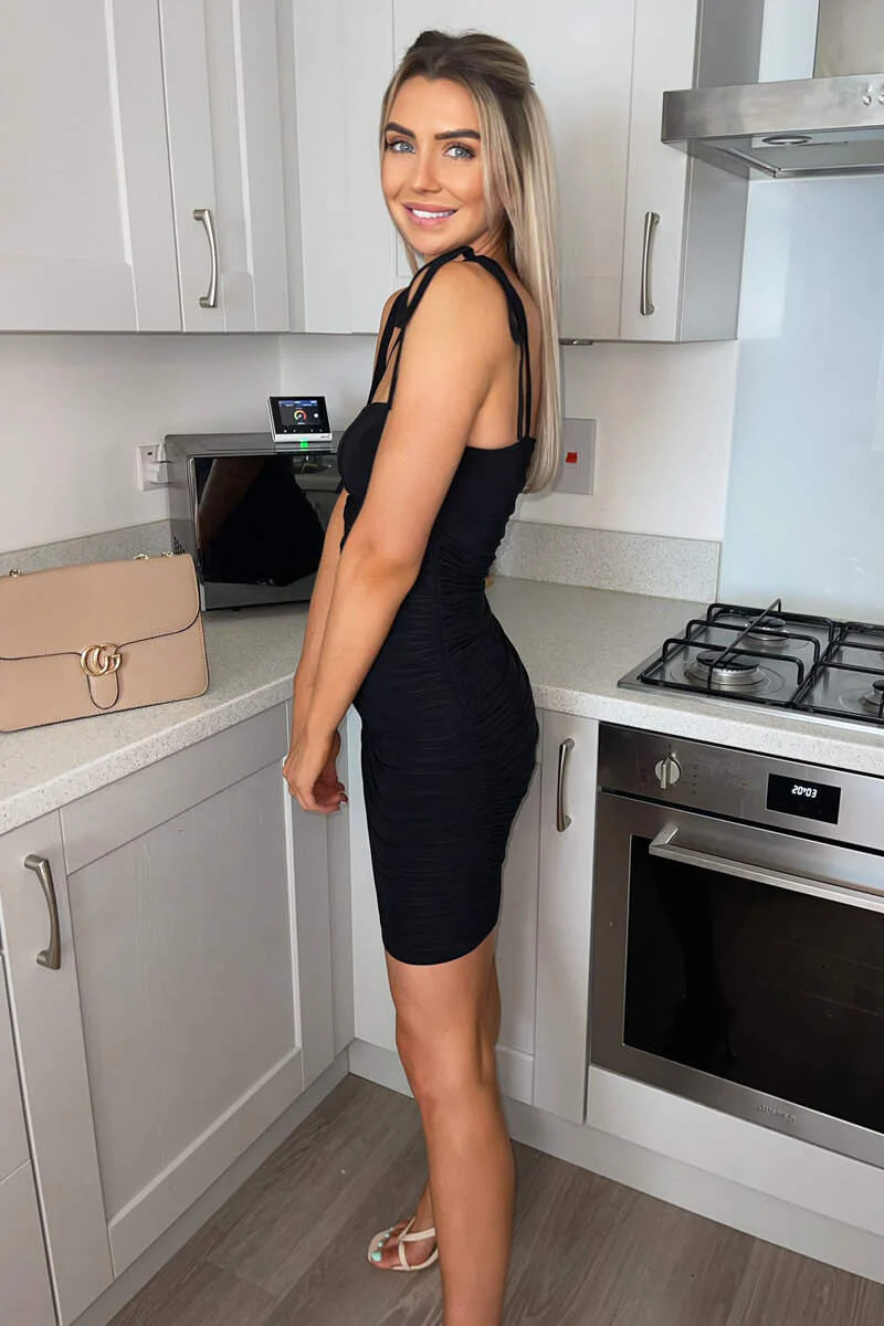 Black Slinky Tie Strap Ruched Bodycon Dress - Swimclubus