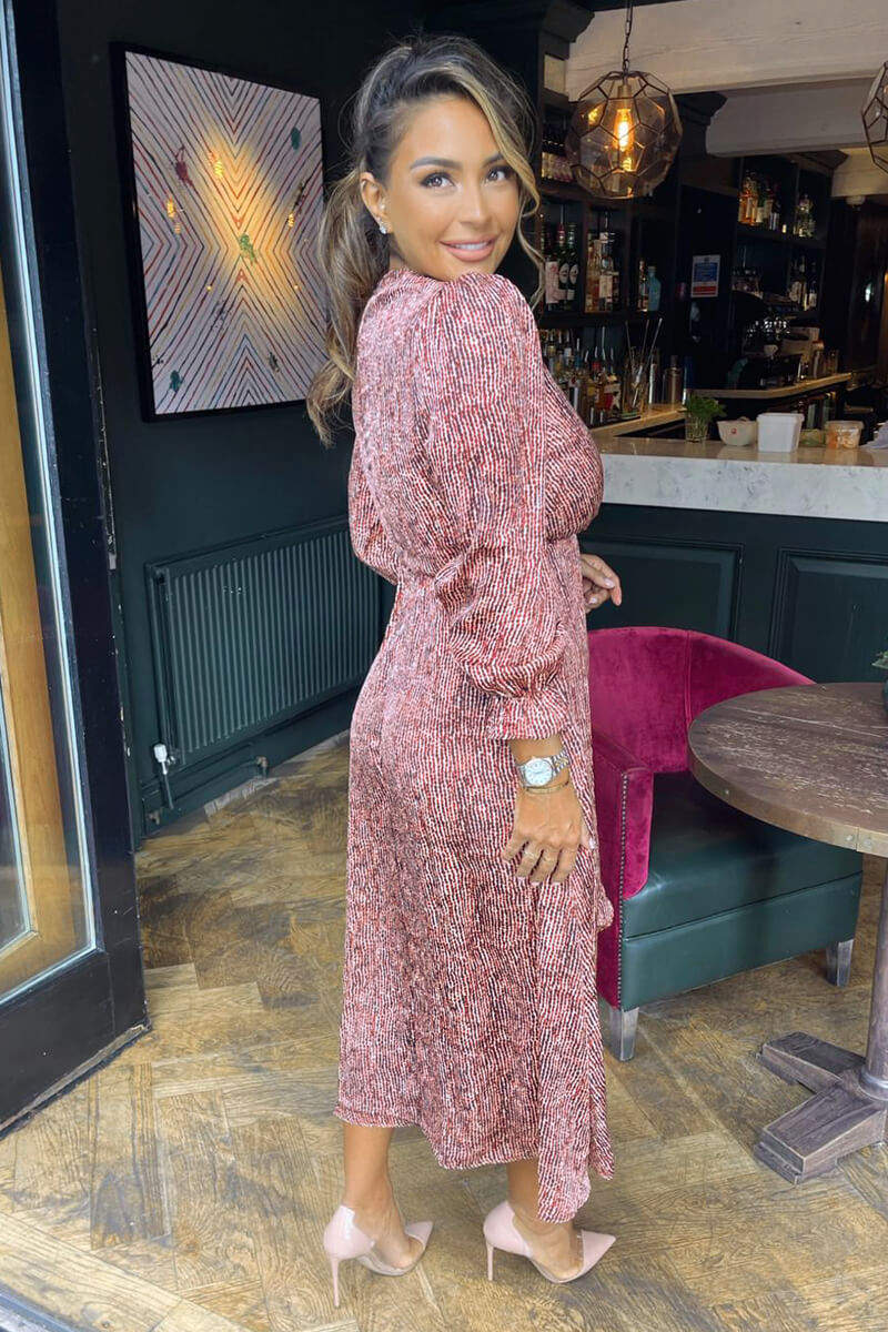 Red Printed Tie Side Wrap Over Midi Dress - Swimclubus