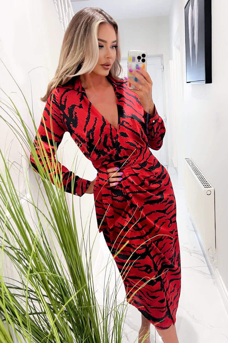 Red And Black Printed Long Sleeve Wrap Belted Midi Dress - Swimclubus