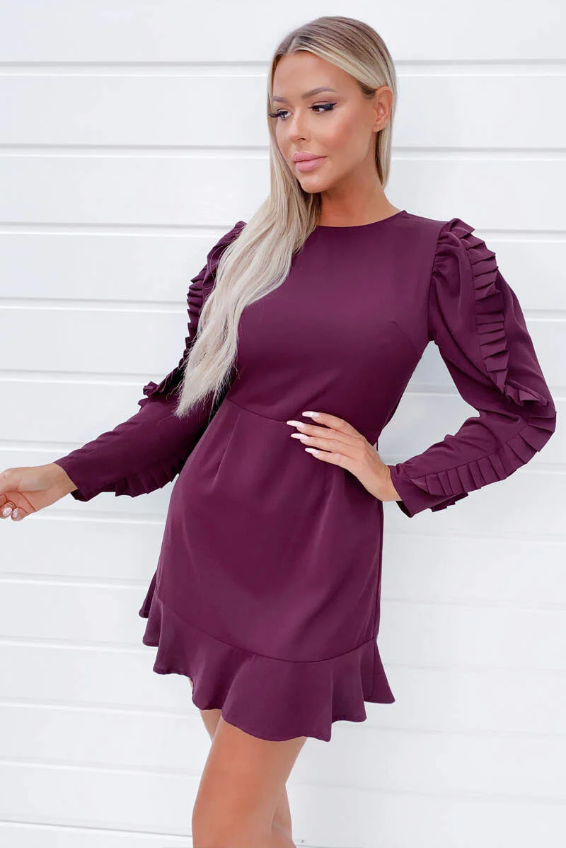 Plum Pleated Long Sleeve Skater Dress - Swimclubus