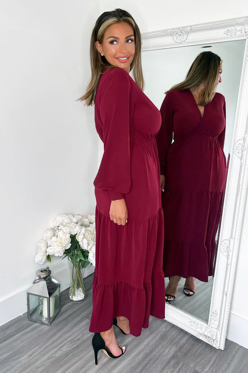 Wine Long Sleeve Wrap Top Smock Midi Dress - Swimclubus