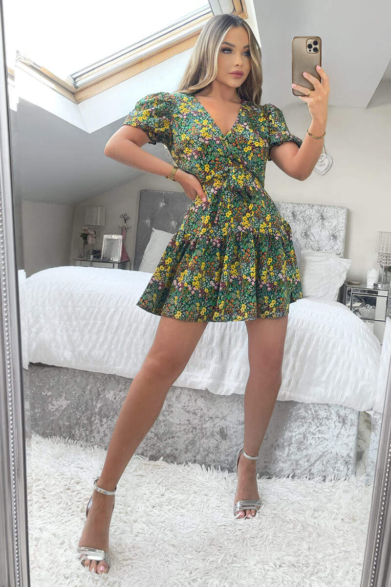 Black Ditsy Floral Printed Tie Waist Frill Hem Dress - Swimclubus