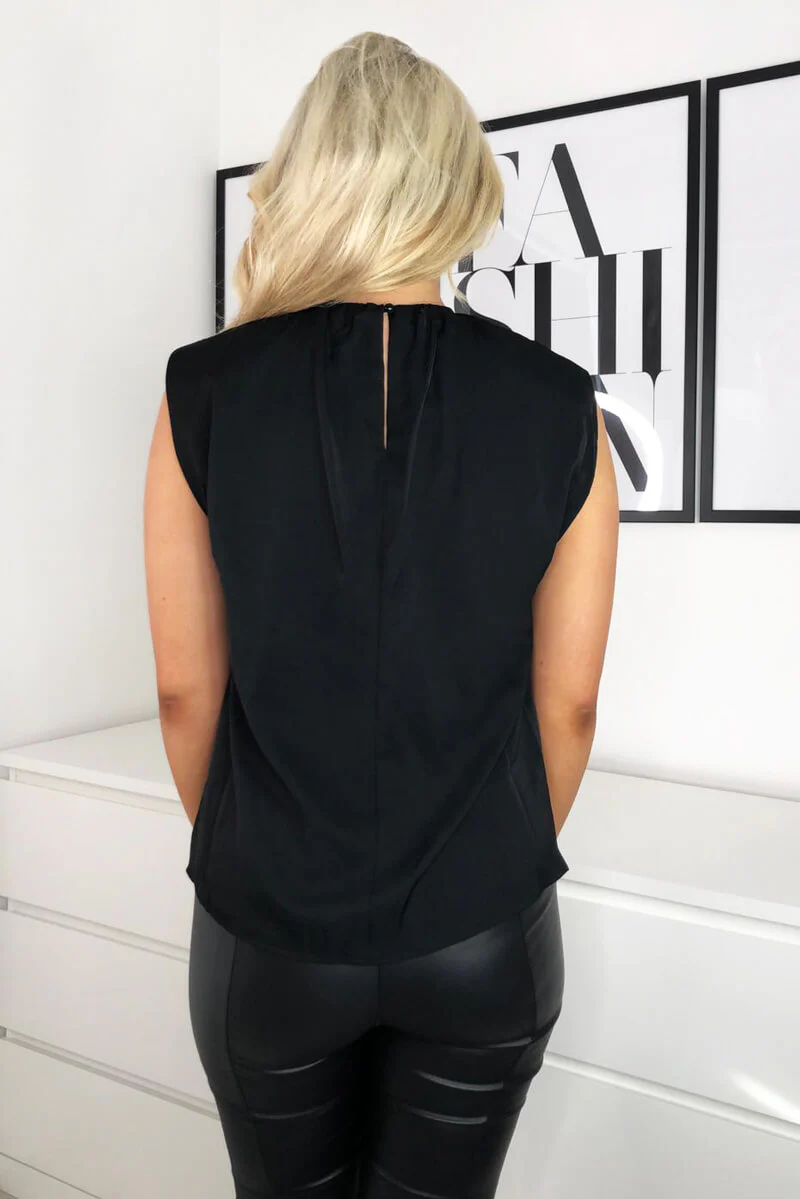 Black Padded Shoulder Sleeveless Blouse - Swimclubus