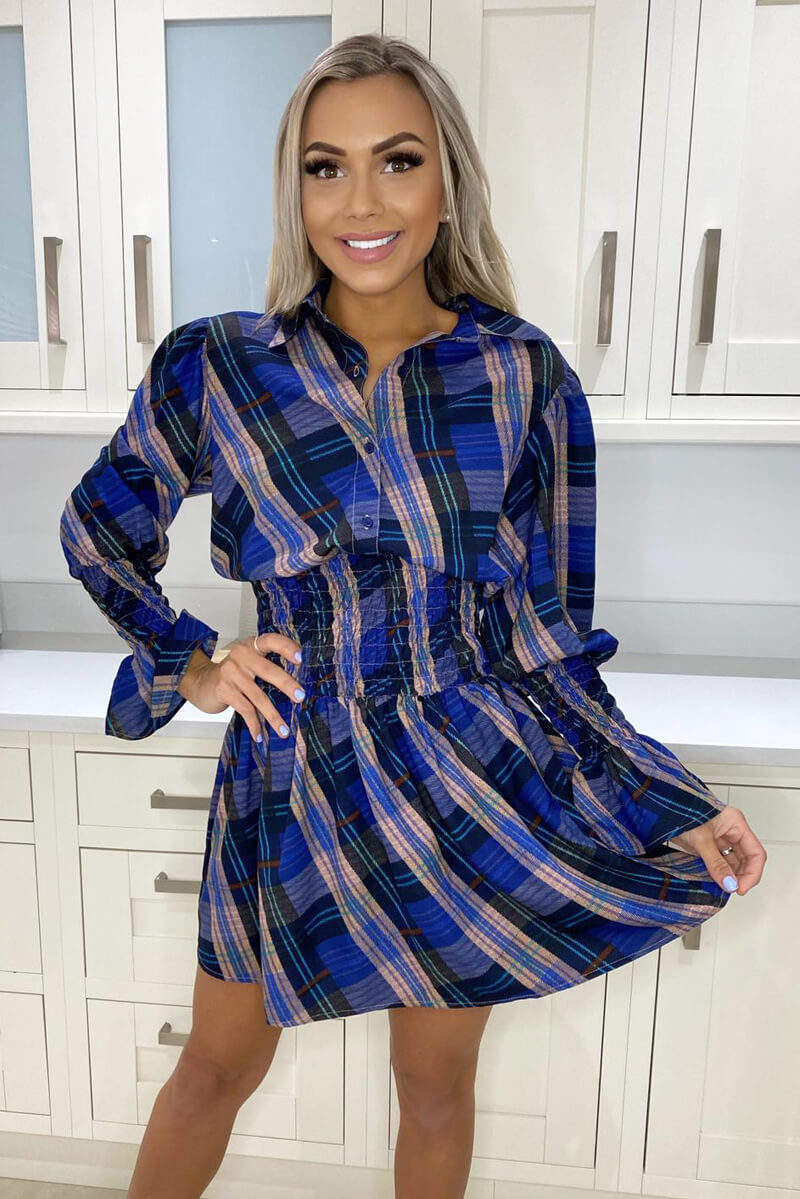 Blue Checked Shirred Waist Shirt Dress - Swimclubus