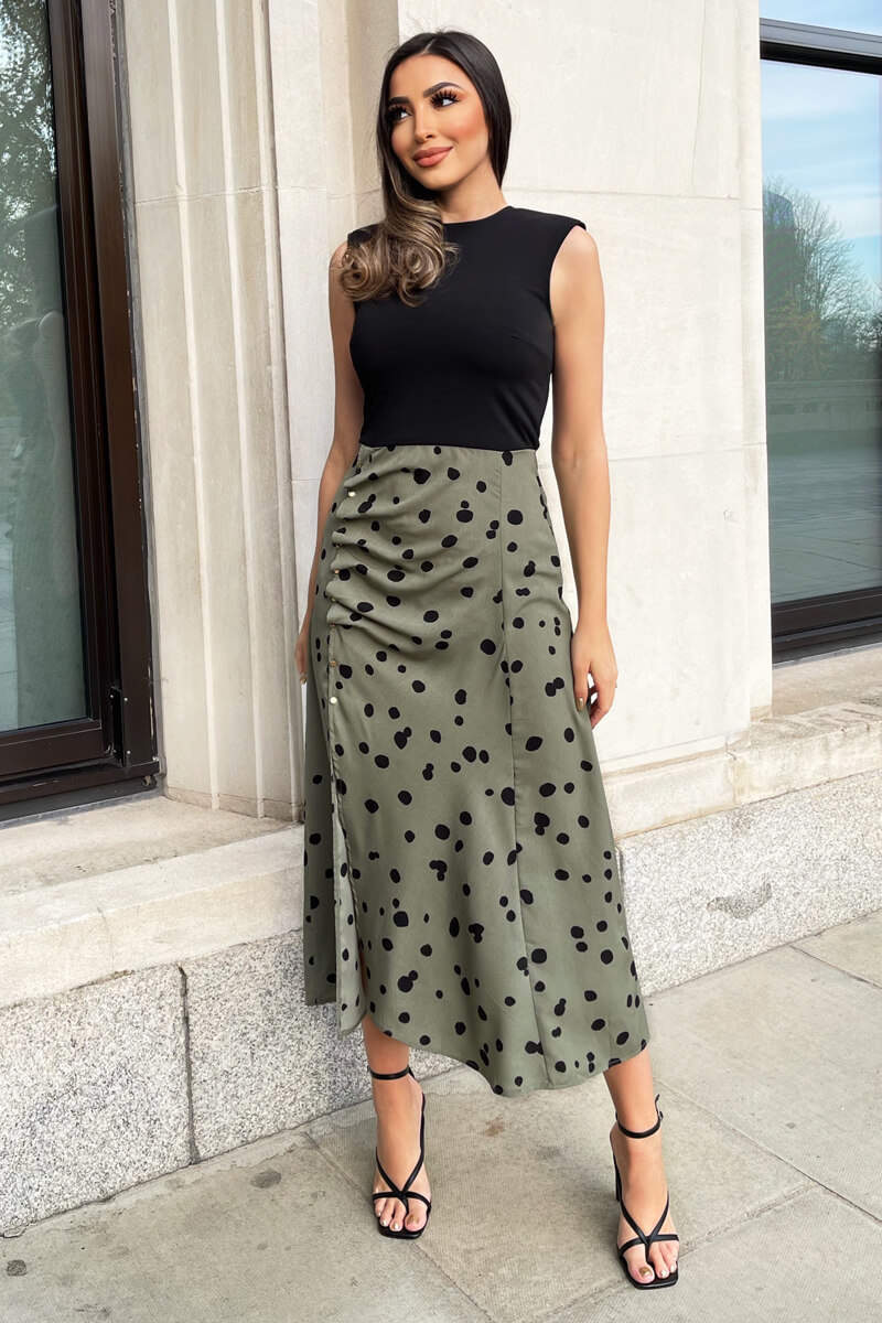 Khaki Printed 2 in 1 Button Detail Midi Dress - Swimclubus