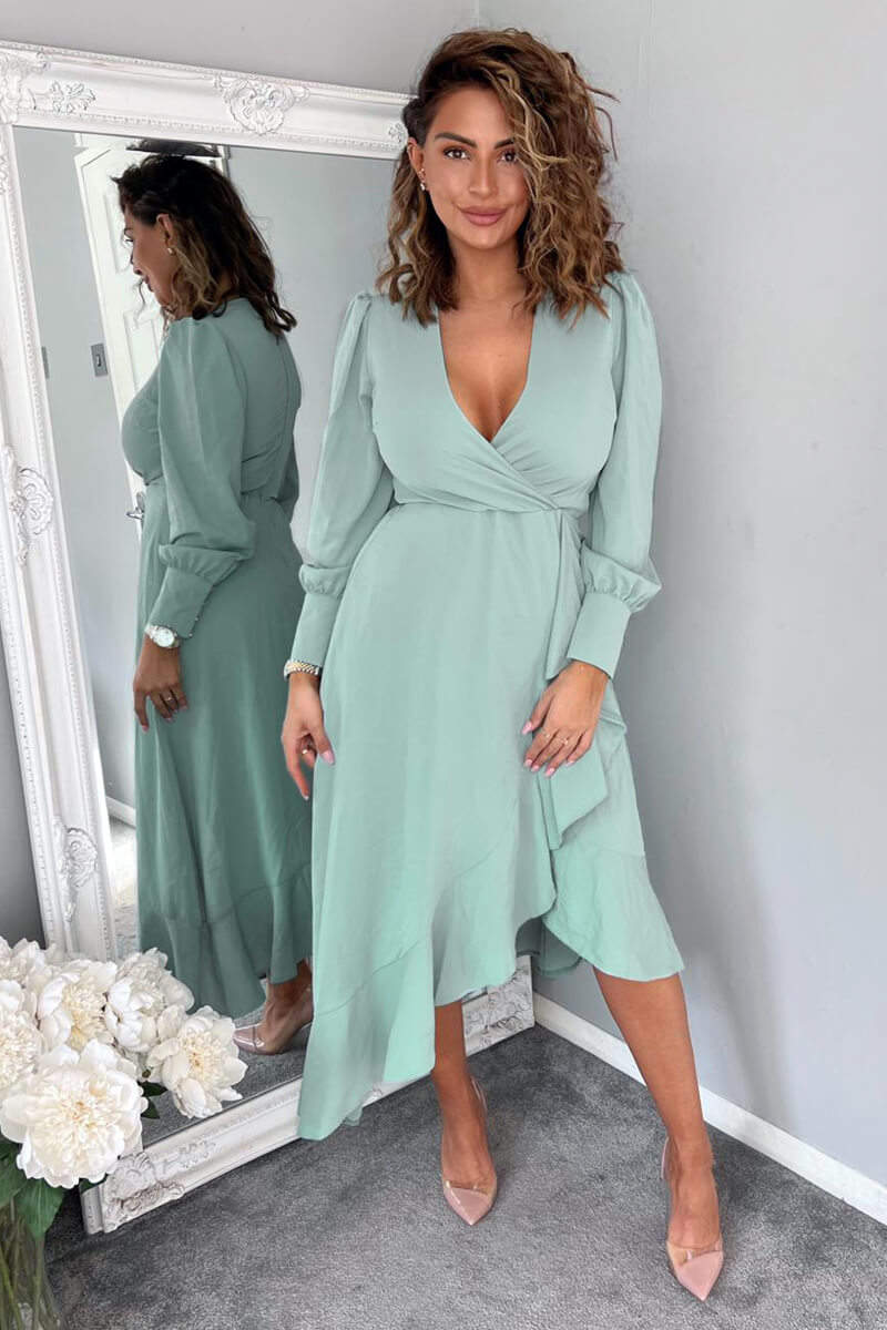 Duck Egg Long Sleeve Frill Wrap Midi Dress - Swimclubus