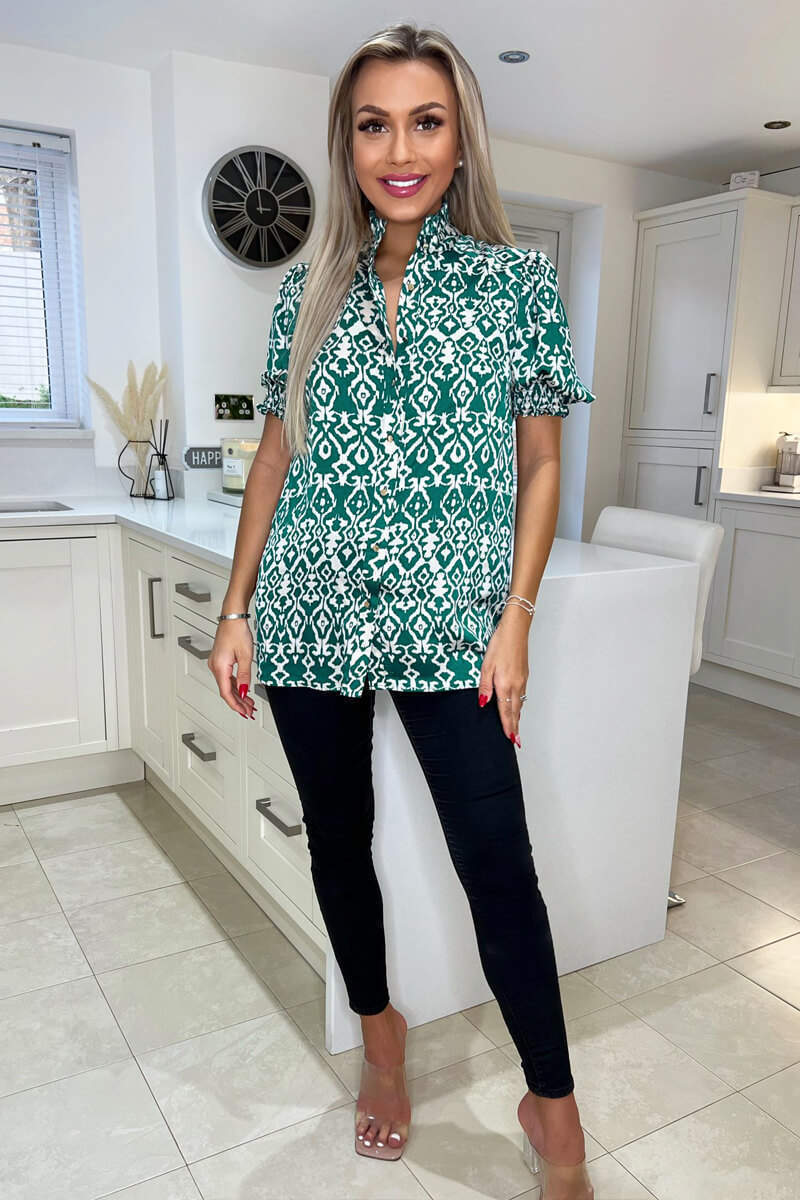 Green Printed Short Sleeve Button Up Shirt - Swimclubus