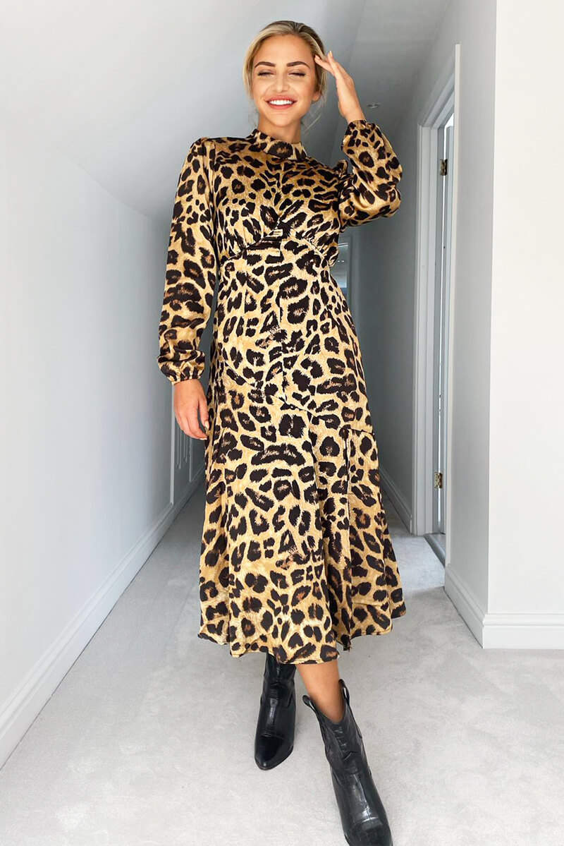 Camel Leopard Print Silky High Neck Dress - Swimclubus