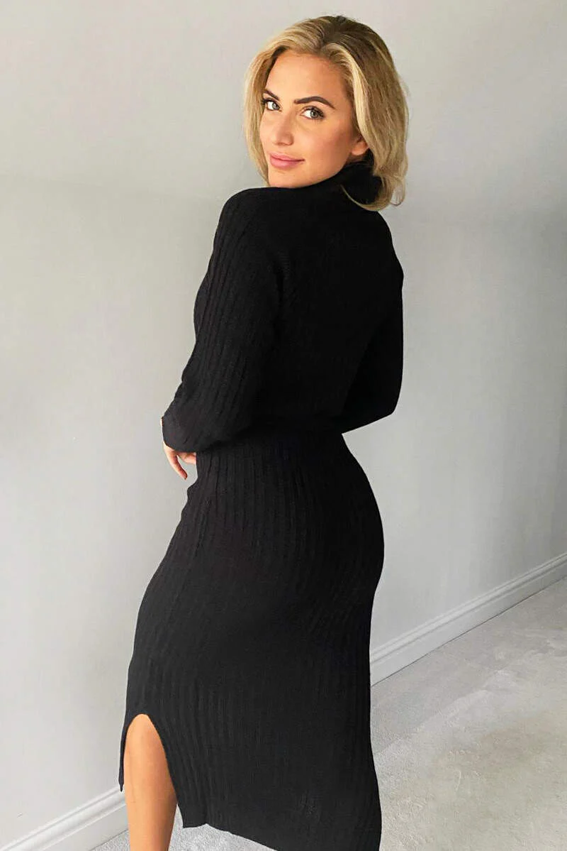 Black Long-line Roll Neck Knitted Dress - Swimclubus
