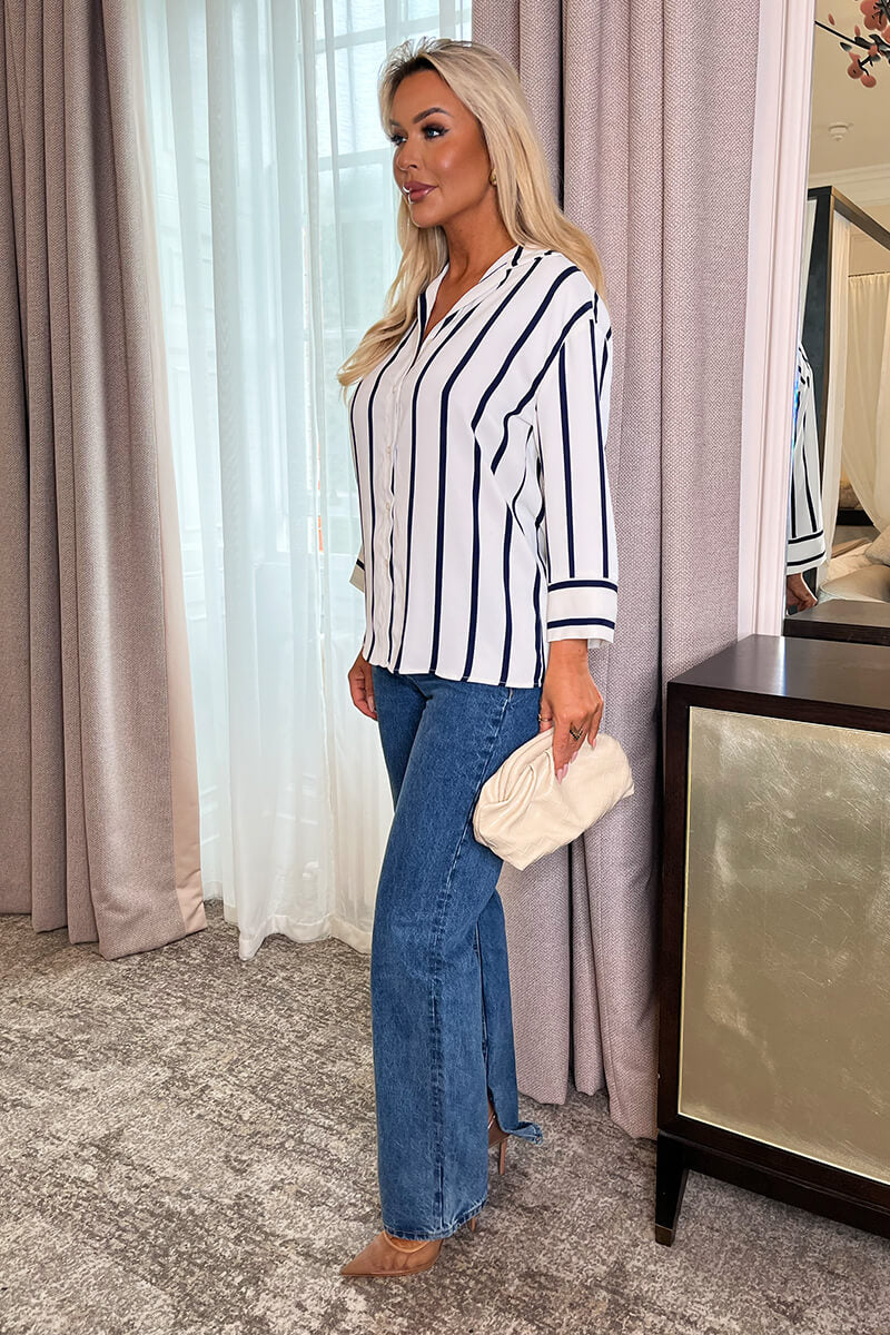 Cream And Navy Striped 3/4 Sleeve Shirt - Swimclubus