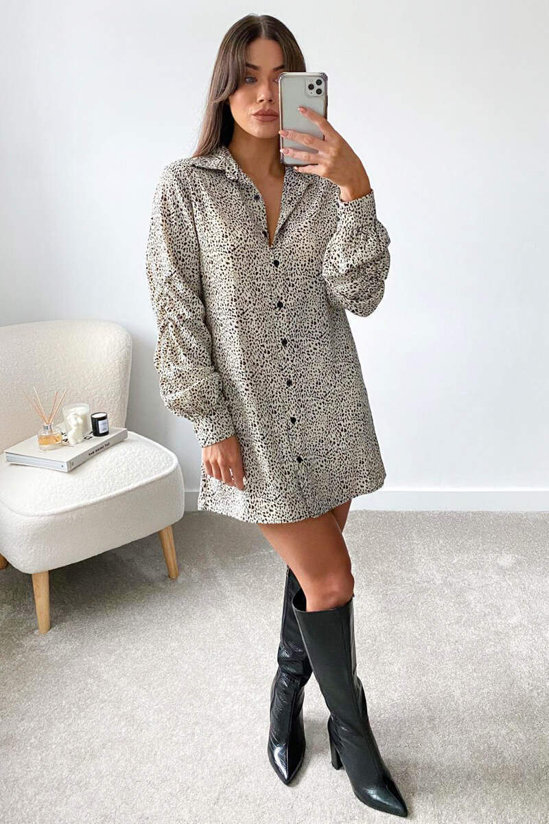 Cream Animal Printed Button up Shirt Dress - Swimclubus
