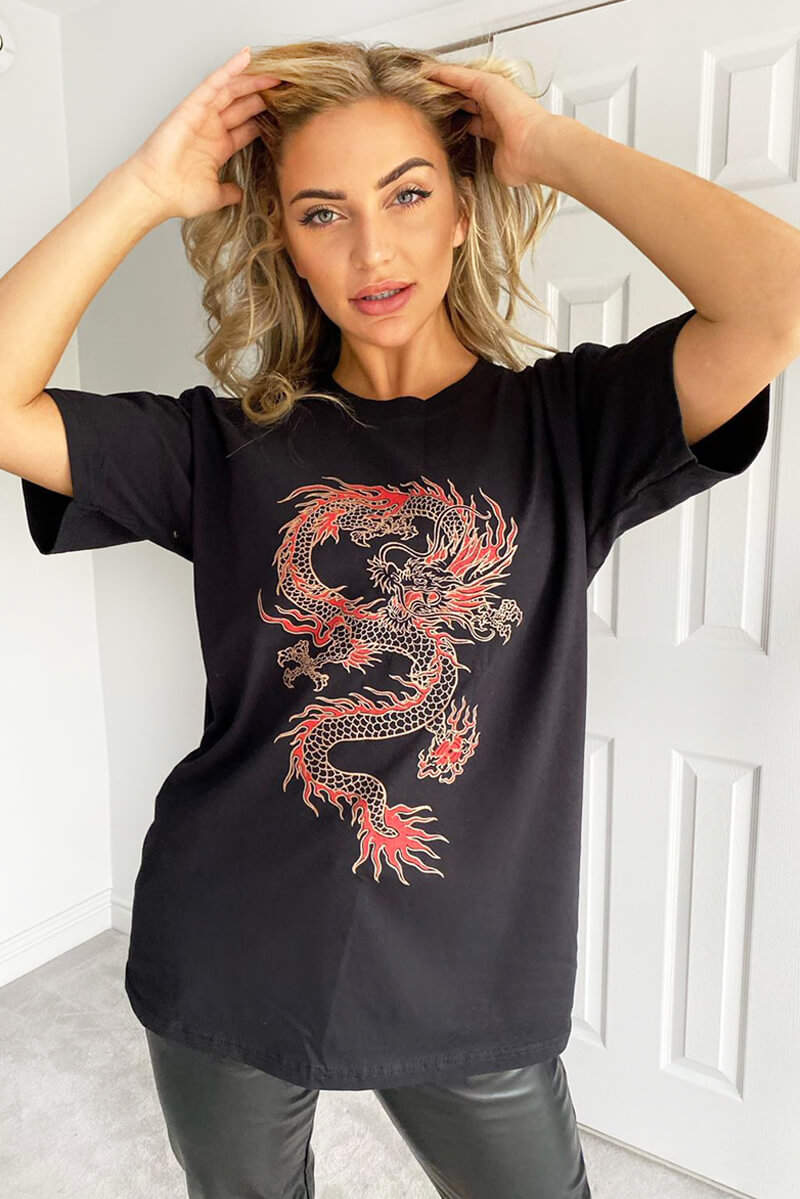 Black Dragon Printed Oversized Tee - Swimclubus
