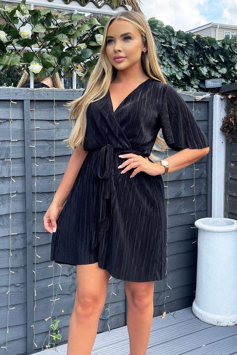 Black Wrap Top Belted Short Sleeve Plisse Mini Dress - Swimclubus
