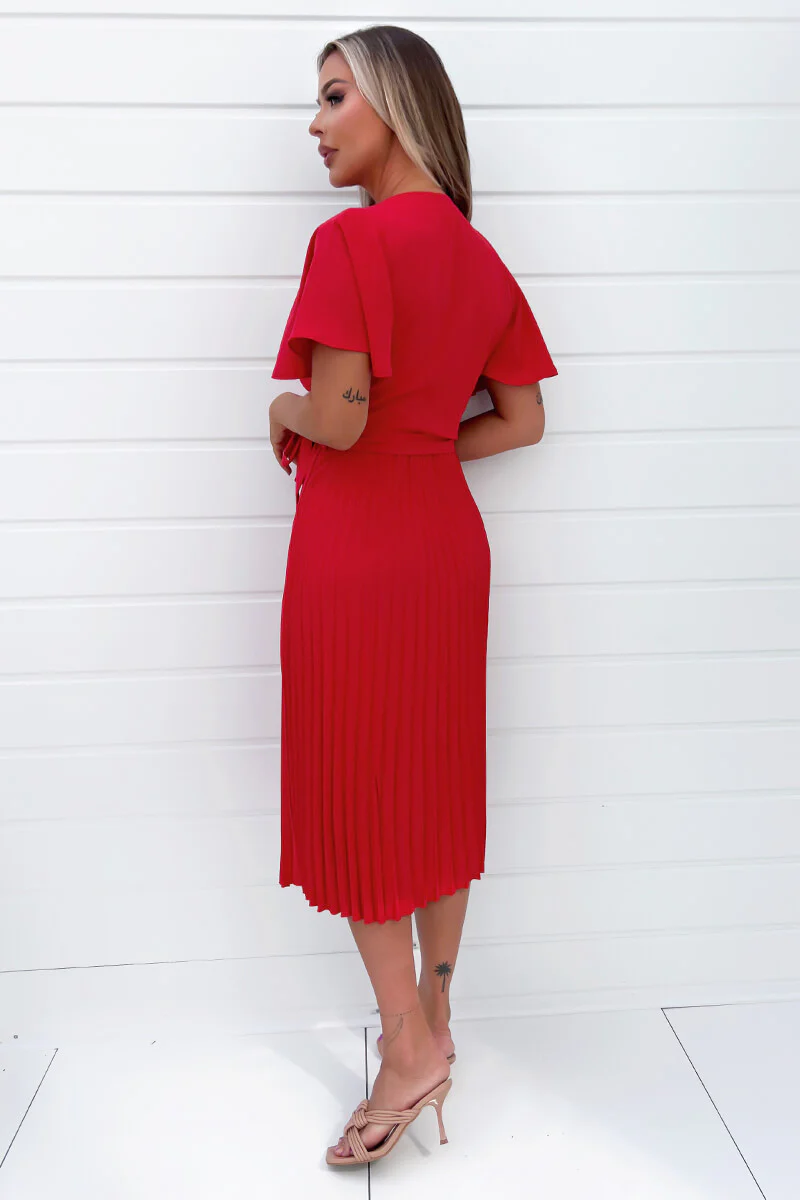 Red Belted Pleated Skirt Midi Dress - Swimclubus