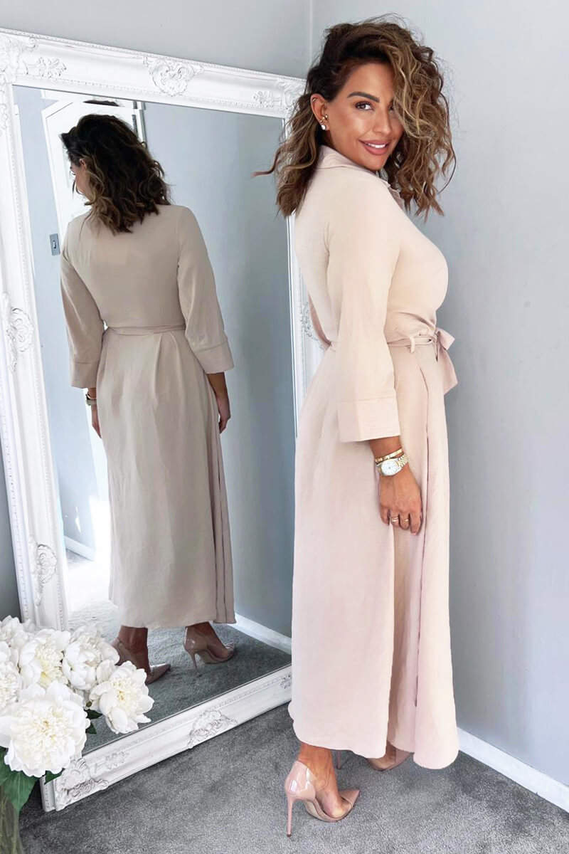 Nude Button Up Midi Shirt Dress - Swimclubus