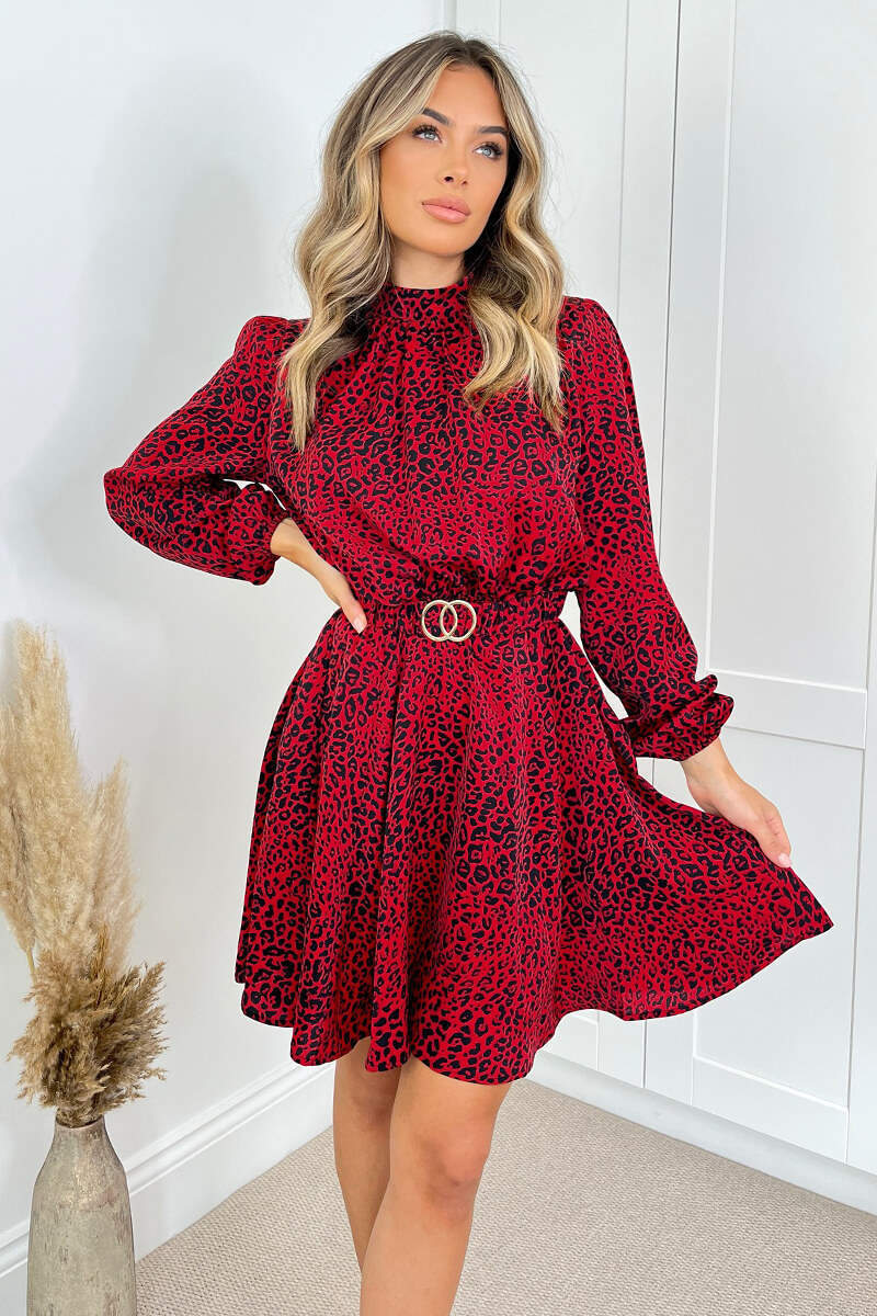 Red Leopard Print Gold Belted Skater Dress - Swimclubus