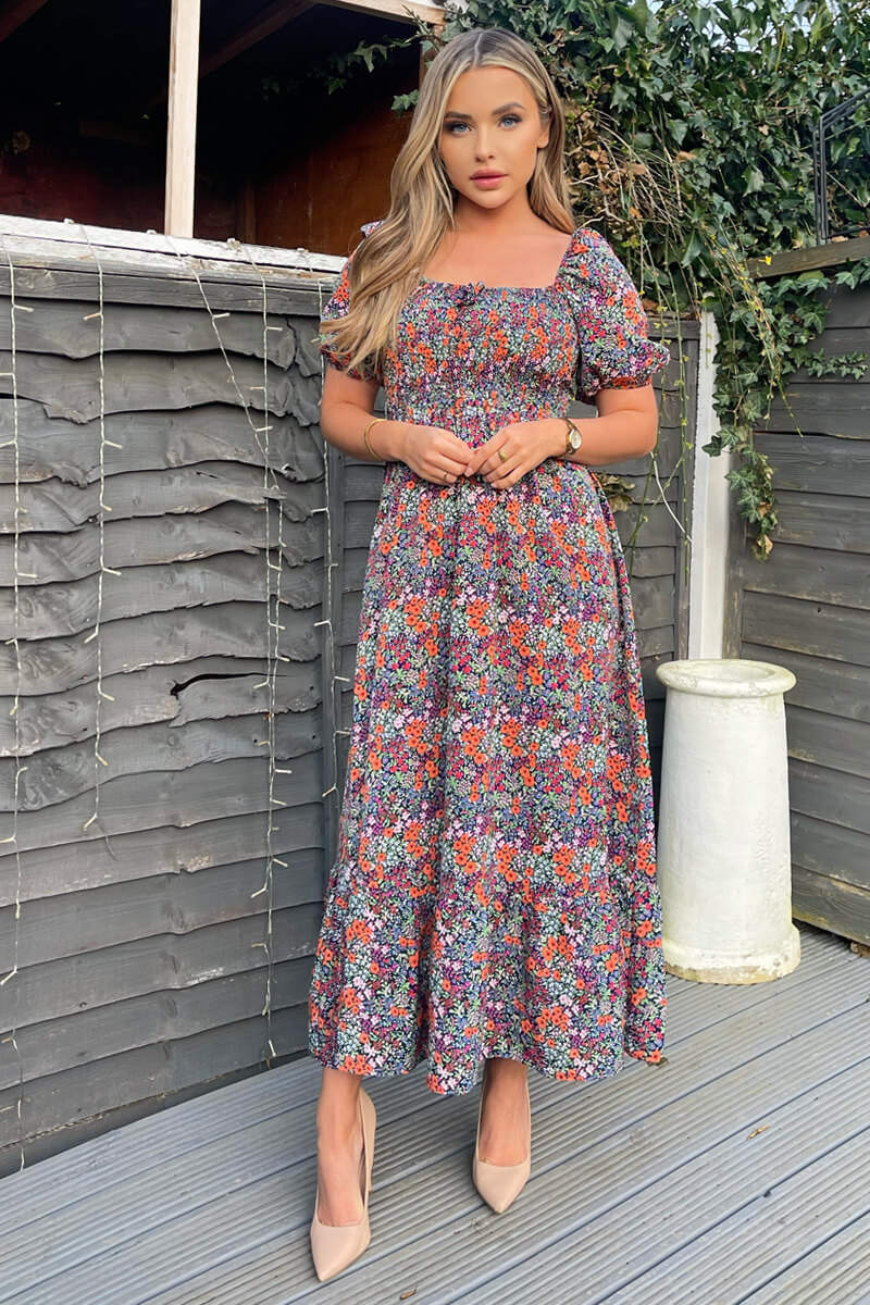 Navy And Orange Floral Printed Puff Sleeve Smock Dress - Swimclubus