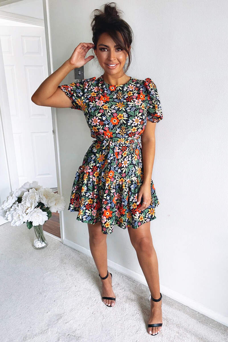 Black Floral Puff Sleeve Tie Waist Dress - Swimclubus