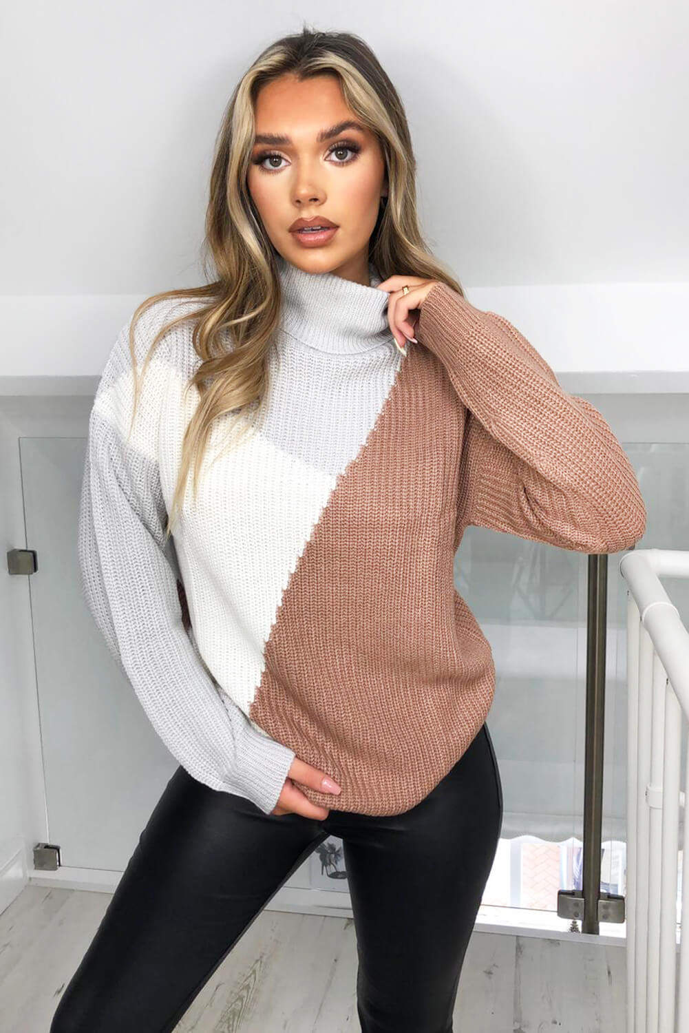 Grey Colour Block Roll Neck Knitted Jumper - Swimclubus