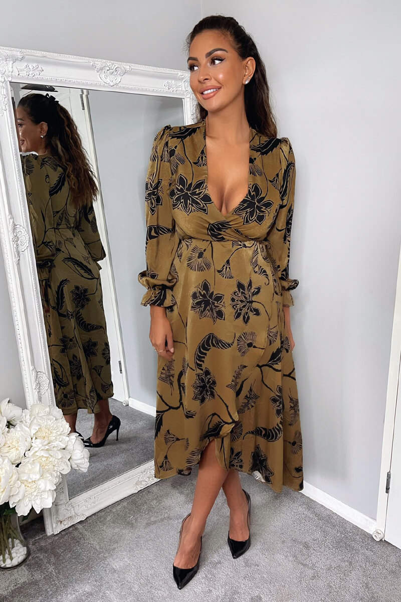 Multi Floral Print Long Sleeve Wrap Midi Dress - Swimclubus