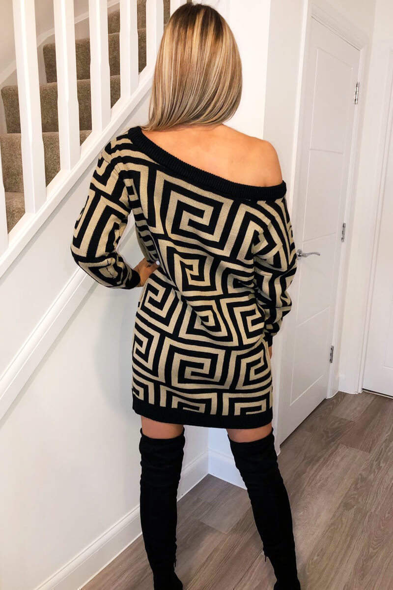 Camel Geo Print Off The Shoulder Knitted Dress - Swimclubus