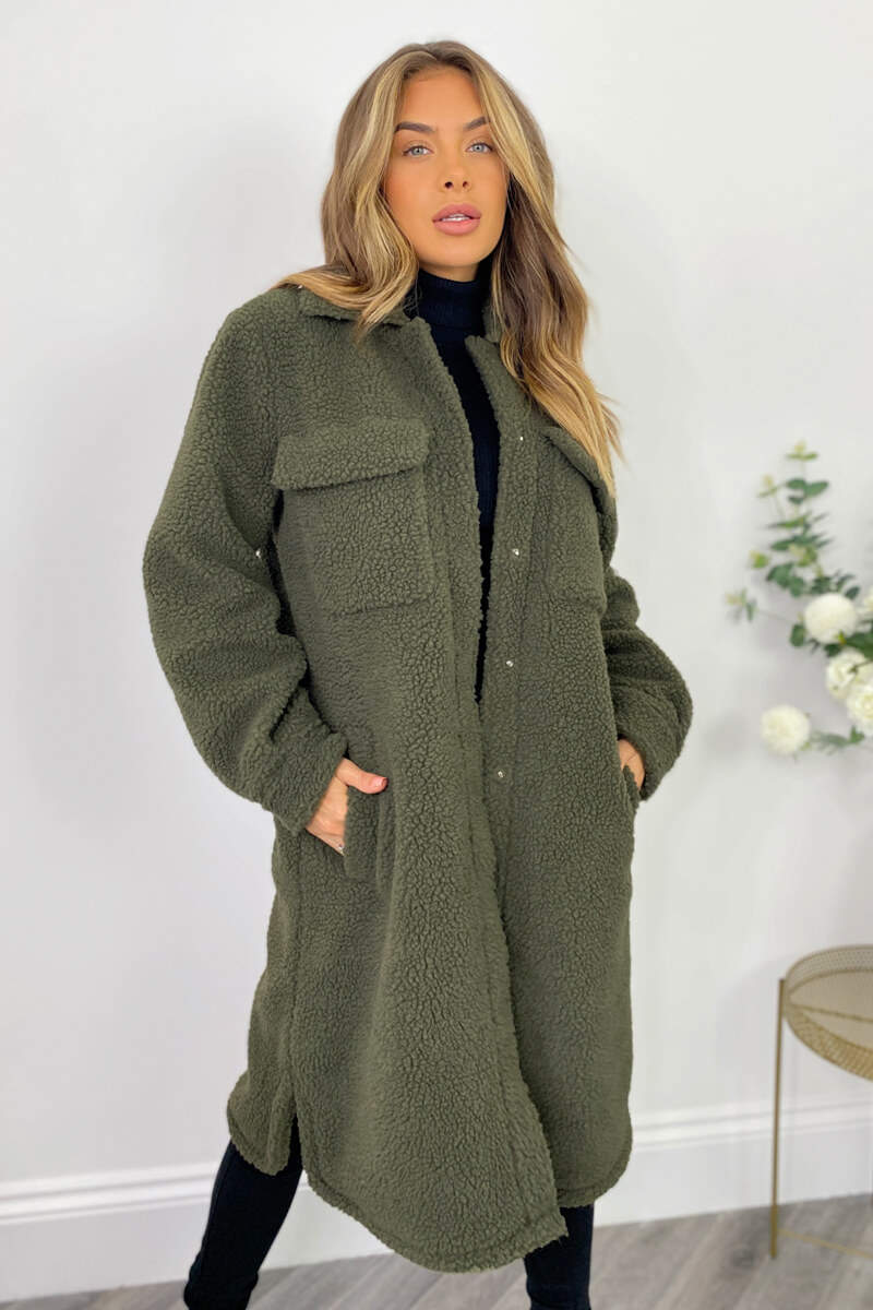 Khaki Oversized Teddy Faux Fur Front Pocket Coat - Swimclubus