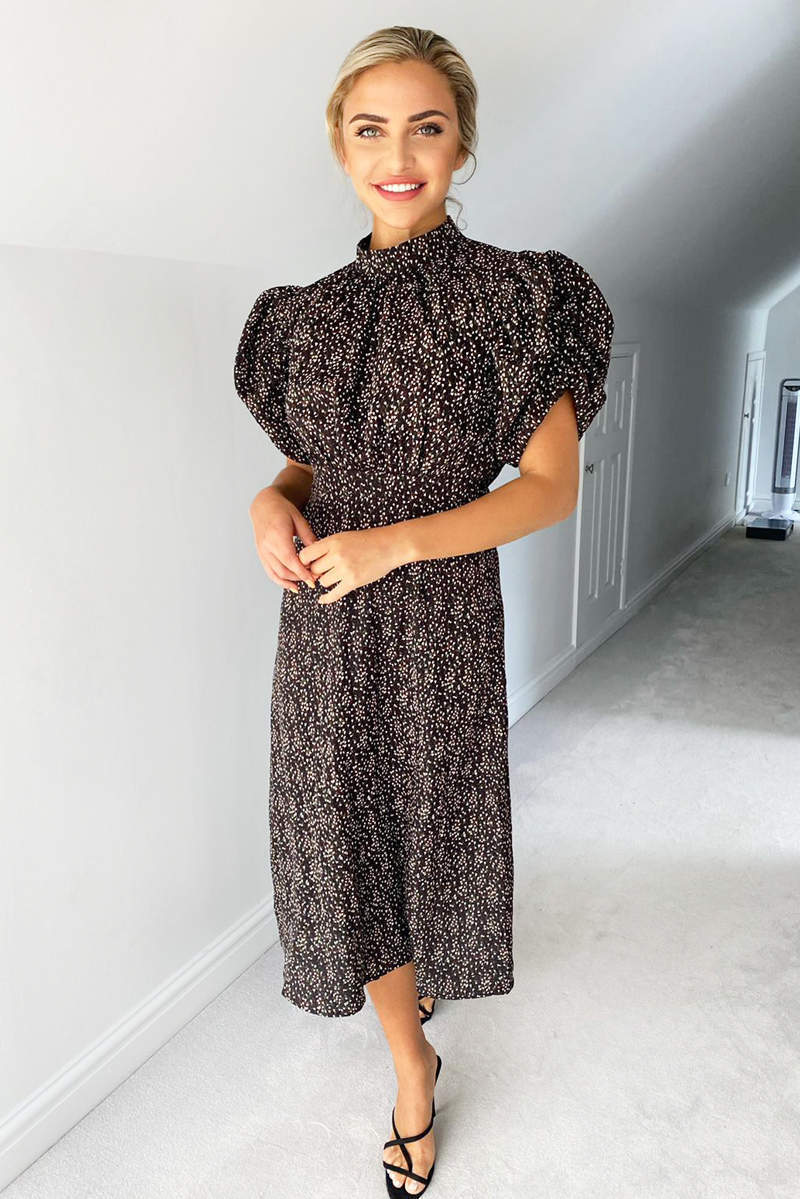 Black Ditsy Floral Puff Sleeve Midi Dress - Swimclubus