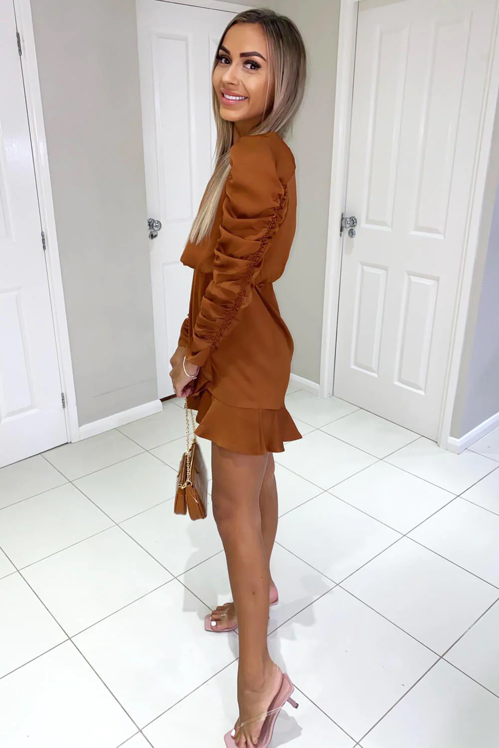 Rust Ruched Sleeve Skater Dress - Swimclubus