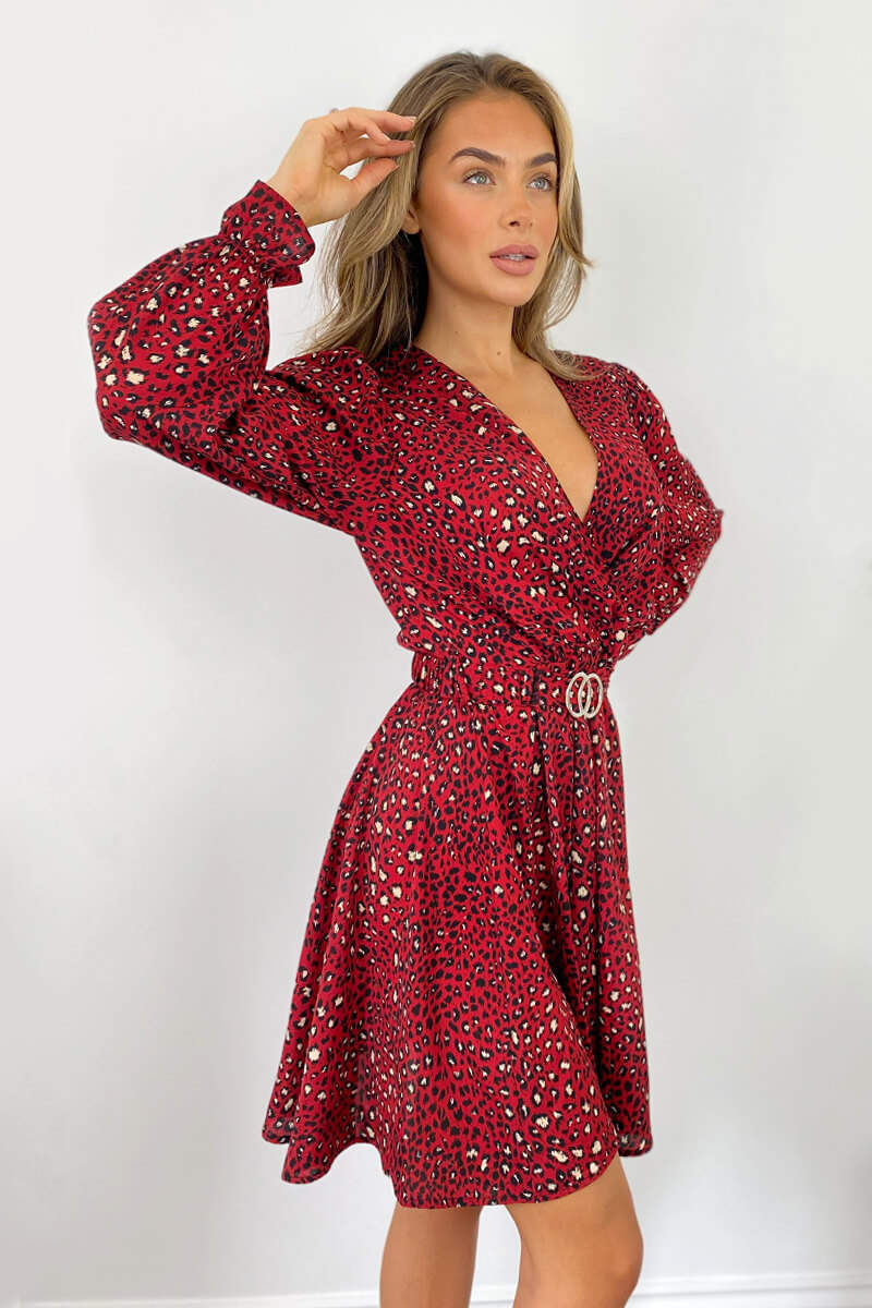 Red Printed Wrap Over Belted Skater Dress - Swimclubus