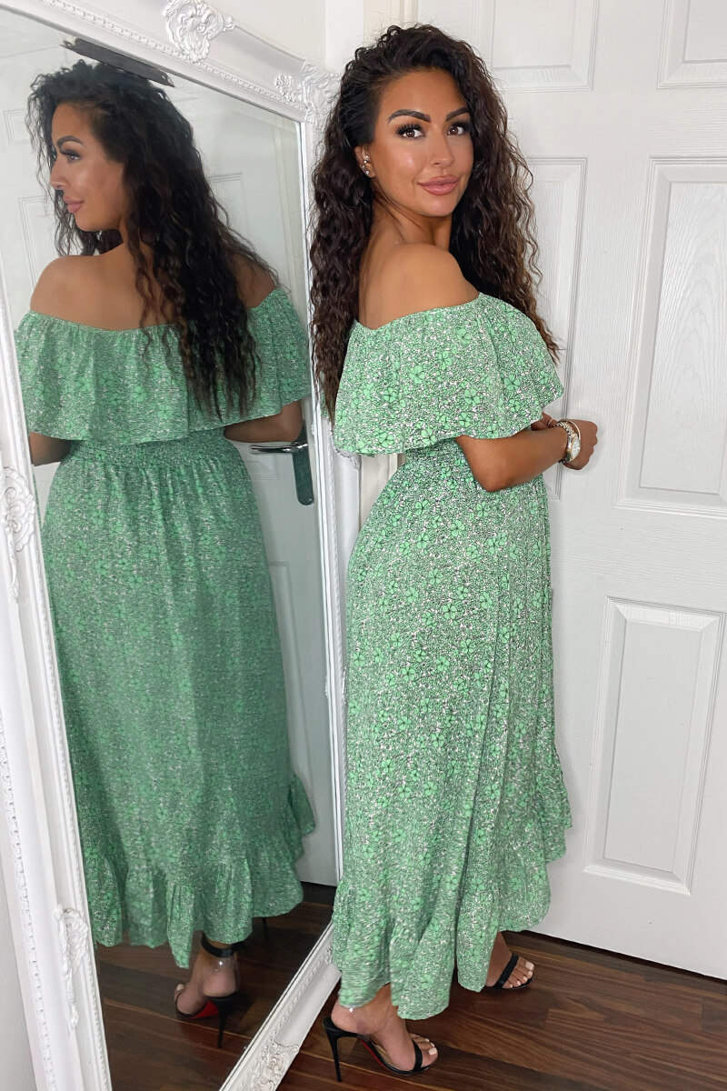 Green Printed Bardot Style Midi Dress - Swimclubus