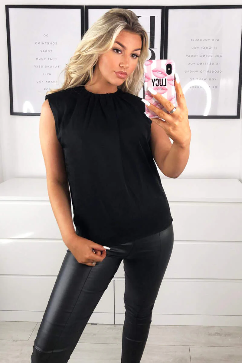 Black Padded Shoulder Sleeveless Blouse - Swimclubus