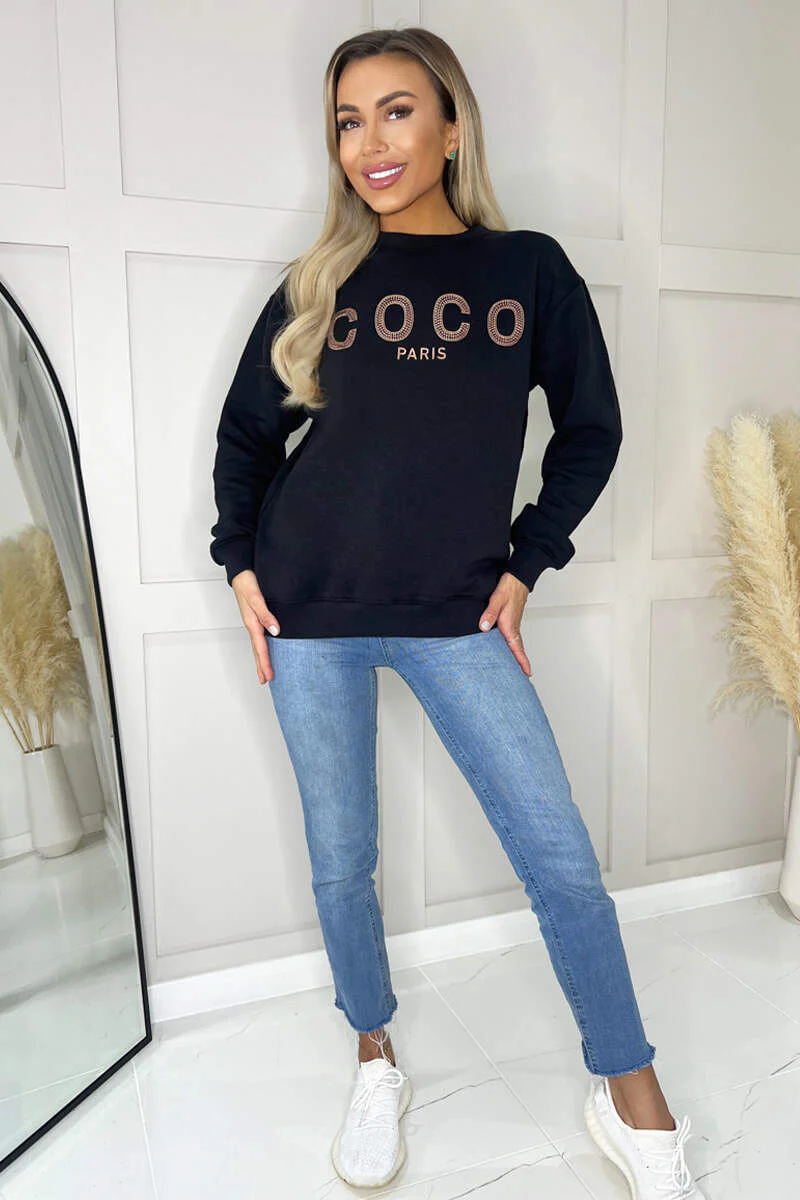 Black Coco Rose Gold Slogan Sweatshirt - Swimclubus