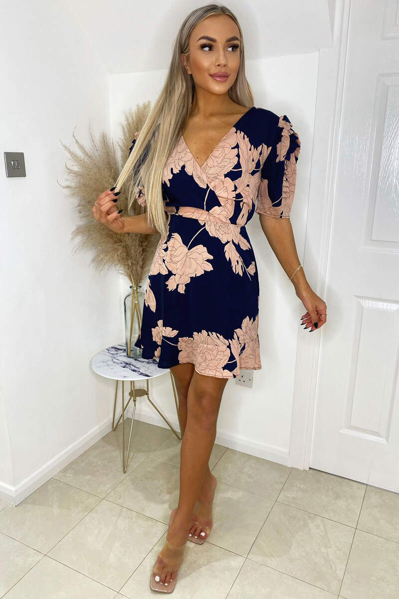 Navy And Blush Floral Pleated Sleeve Skater Dress - Swimclubus