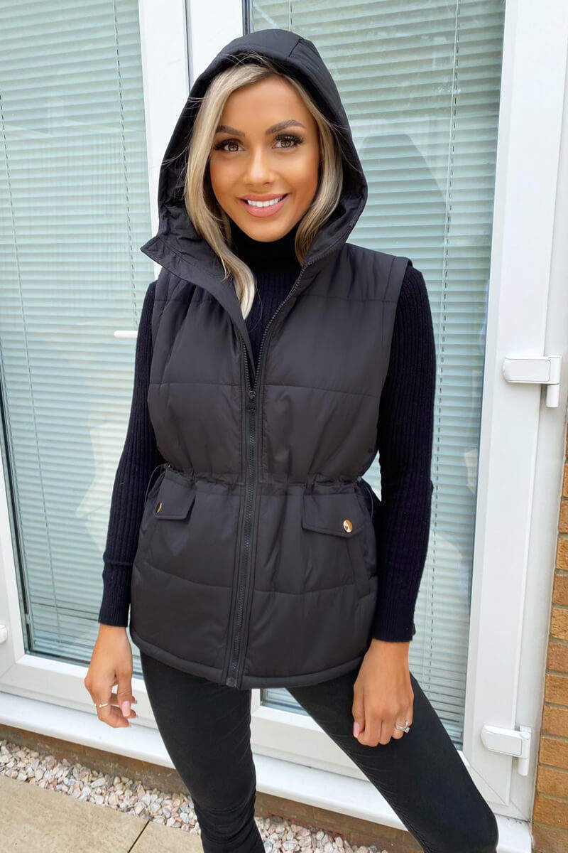 Black Drawstring Waist Hooded Gilet - Swimclubus