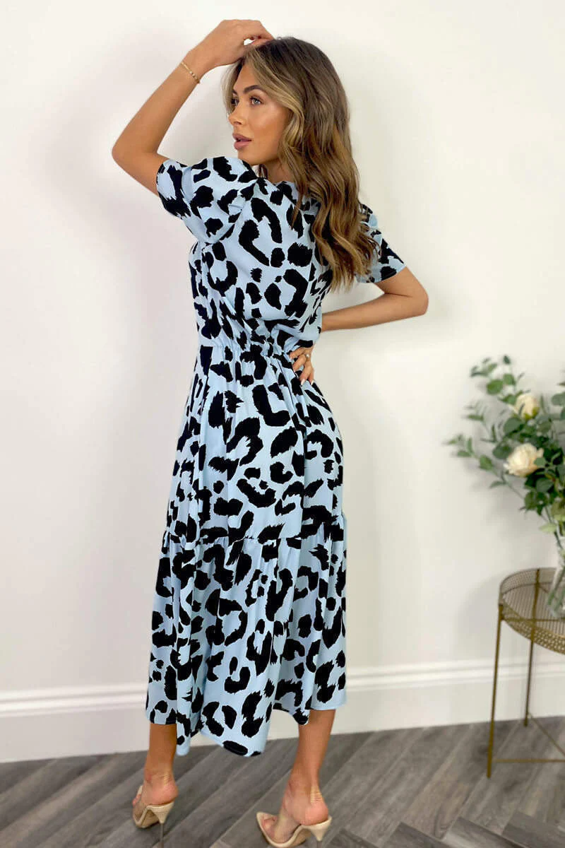 Blue and Black Animal Print Short Sleeve Midi Smock Dress - Swimclubus