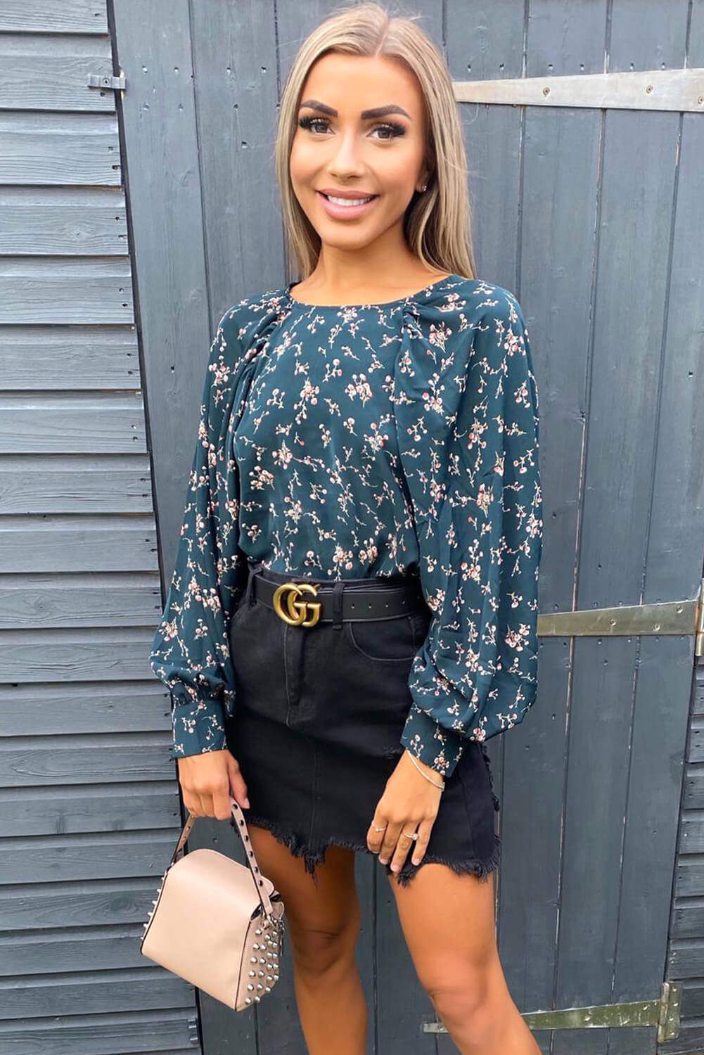 Teal Floral Balloon Sleeve Blouse - Swimclubus