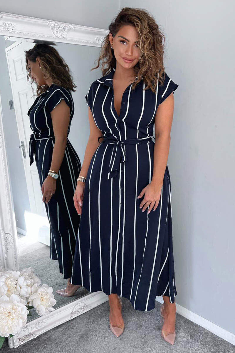 Navy Striped Short Sleeve Midi Shirt Dress - Swimclubus