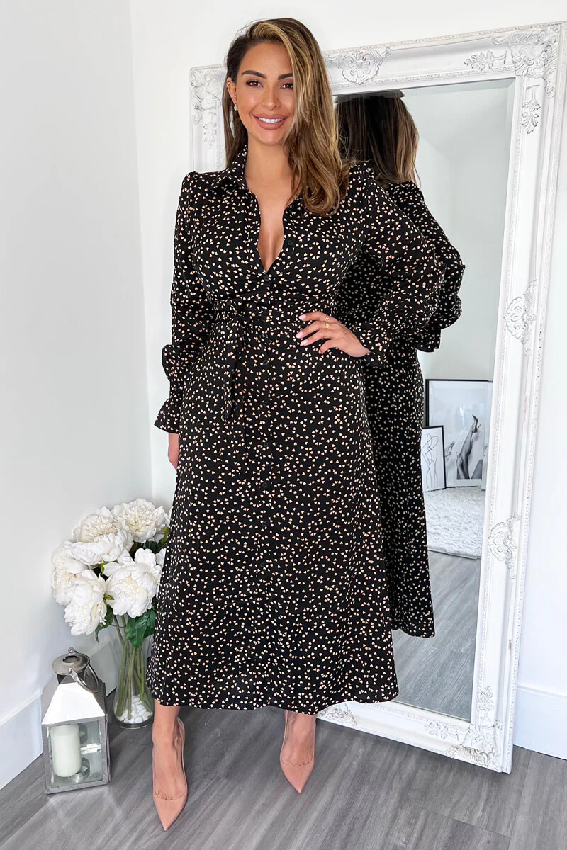 Black Heart Printed Tie Waist Midi Shirt Dress - Swimclubus