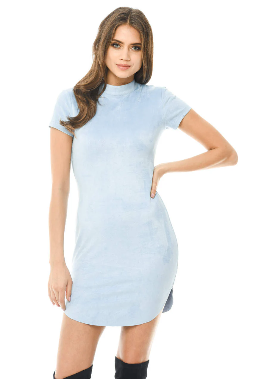 Blue Faux Suede Mini Dress With High Neck - Swimclubus