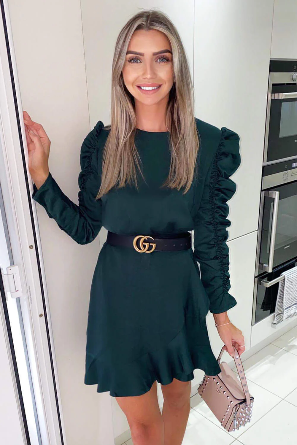 Teal Ruched Sleeve Skater Dress - Swimclubus