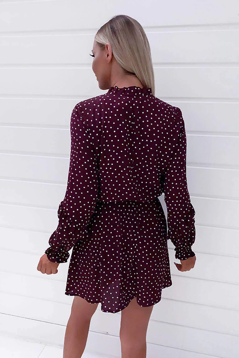 Plum Polka Dot Frill Shirt Dress - Swimclubus