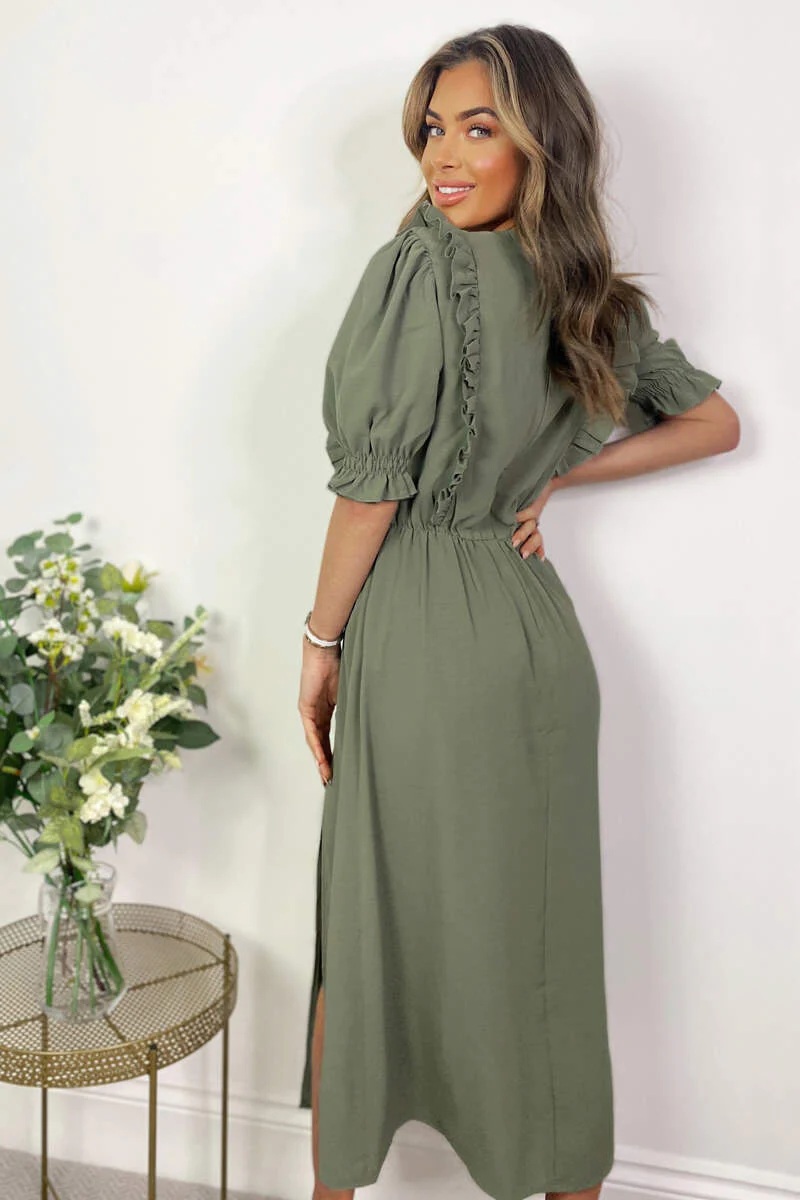 Khaki Ruffle Split Leg Midi Dress - Swimclubus