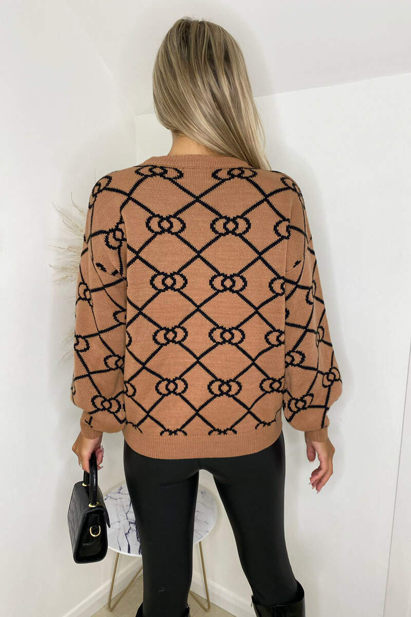 Camel Geo Print Balloon Sleeve Jumper - Swimclubus