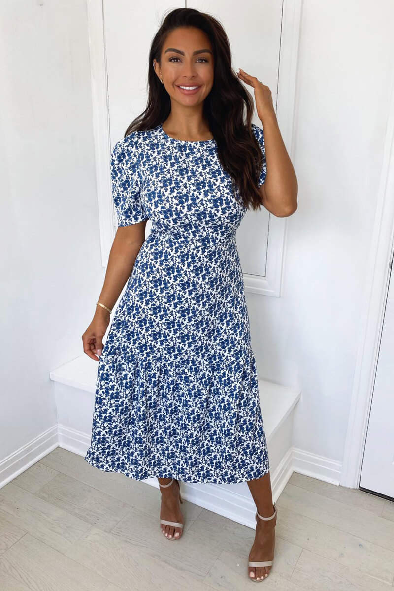 Blue Floral Frill Sleeve Midi Dress - Swimclubus