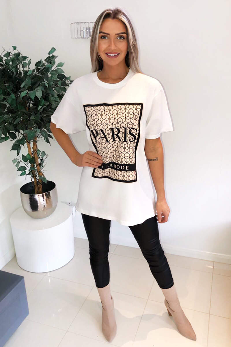 White Paris Printed Oversized T-Shirt - Swimclubus