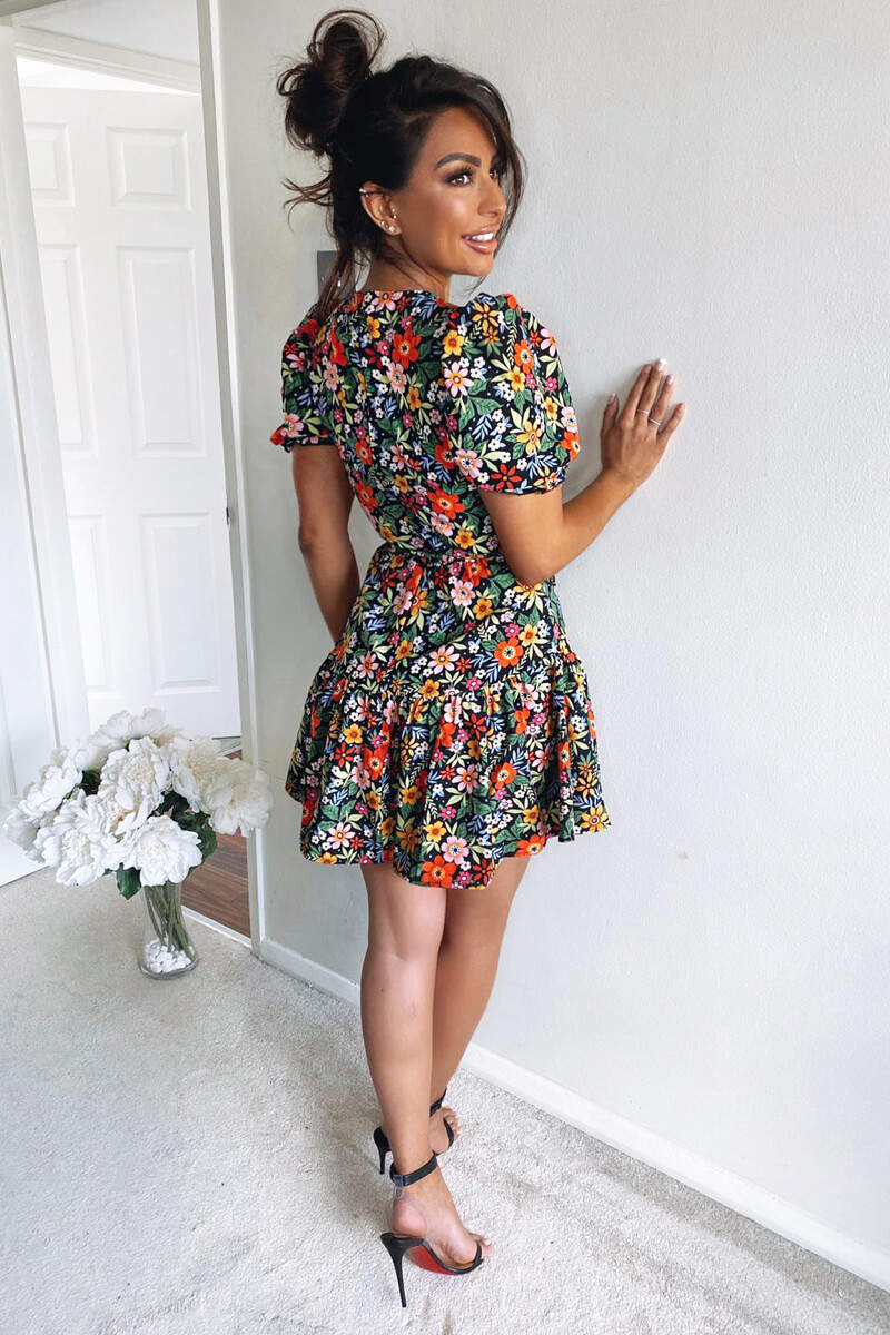 Black Floral Puff Sleeve Tie Waist Dress - Swimclubus
