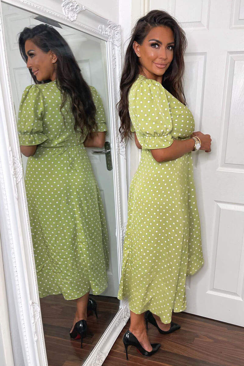 Olive Polka Dot Puff Sleeve Wrap Midi Dress - Swimclubus