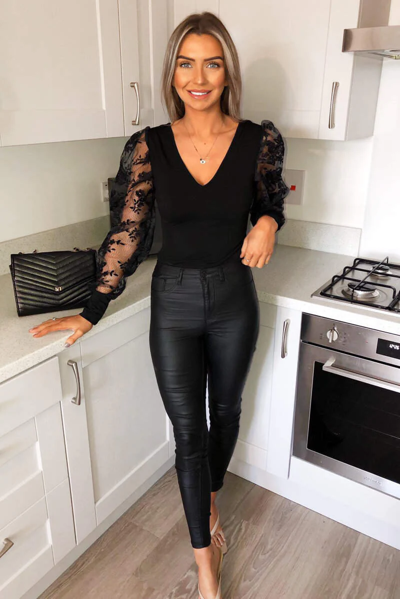 Black Embroidered Puff Sleeve Bodysuit - Swimclubus