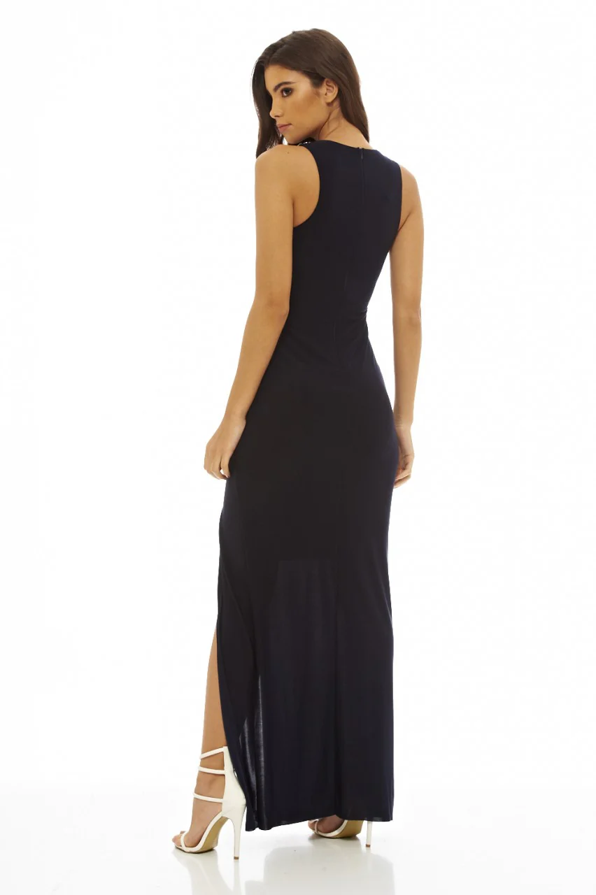 Navy Embellished  Slinky Maxi Dress - Swimclubus